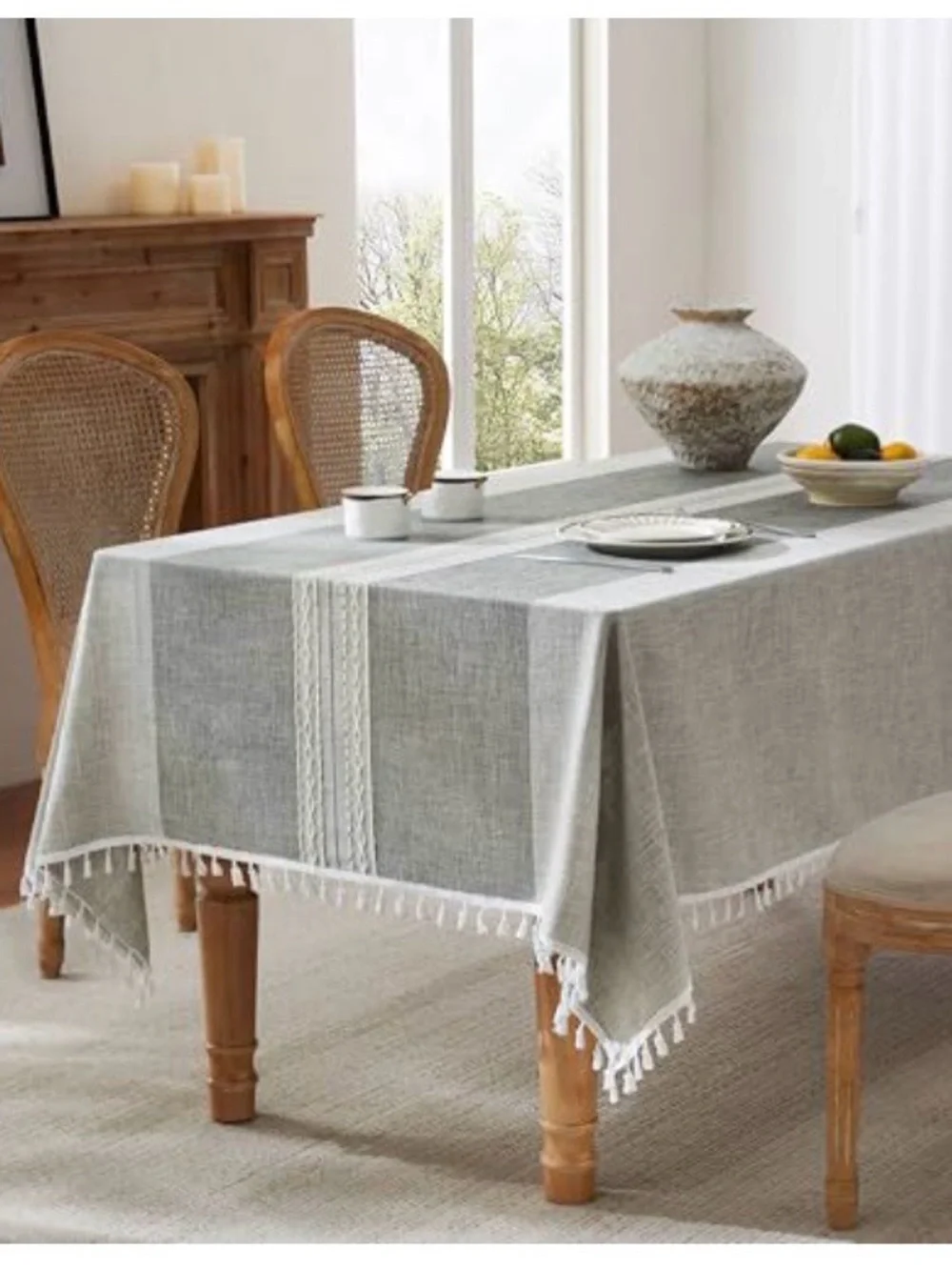 Gray Tassel-Trim Tablecloth with Center Lace Stripe